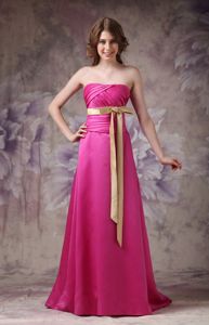 Brush Train Hot Pink Satin Column Ruched Bows Dama Dresses