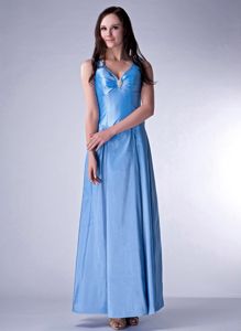 Column V-neck Blue Bridesmaid Dama Dresses for Ankle-length