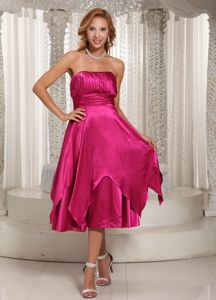 Hot Pink Ruched Strapless Tea-length Dama Quinceanera Dresses