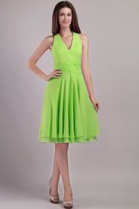 Spring Green Halter Top Knee-length Bridesmaid Dama Dresses