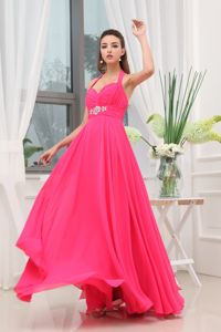 Hot Pink Backless Halter Beading Ruched Floor Length Dama Gown