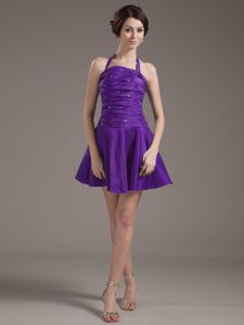 Cool Back Halter Top Beading and Ruche Purple Dresses for Damas