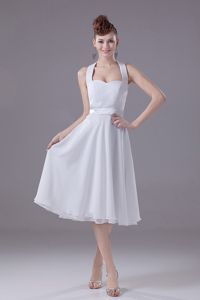 Halter Top Backless Chiffon Tea-length White Prom Dress for Dama