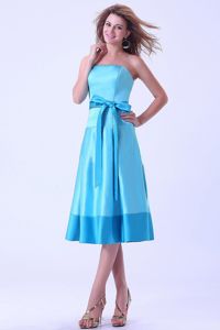 Lovely Strapless Tea-length Aqua Blue Satin Quince Dama Dress