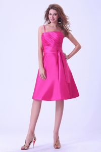 Ruched Straps Knee-length Hot Pink Taffeta Quince Dama Dress