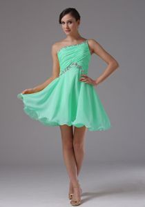 Asymmetrical One Shoulder Apple Green Prom Dress with Ruche and Beading