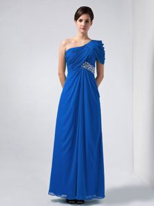 Chiffon One Shoulder Ruched Beaded Blue Long Dama Dresses