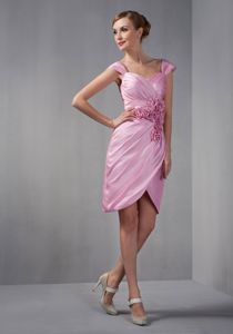 Cap Sleeves Rose Pink Dresses for Damas with Hand Made Flowers