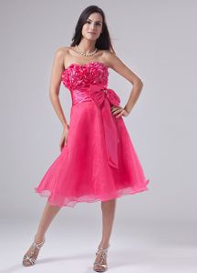 Hot Pink Short Quinceanera Dama Dress with Flowers and Bow
