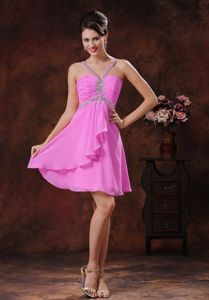 Custom Made Ruched Beaded Pink Mini Quinceanera Dama Dress