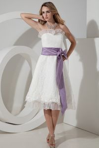 White Tea-length Lace Dama Dress with Lavender Sash about 150