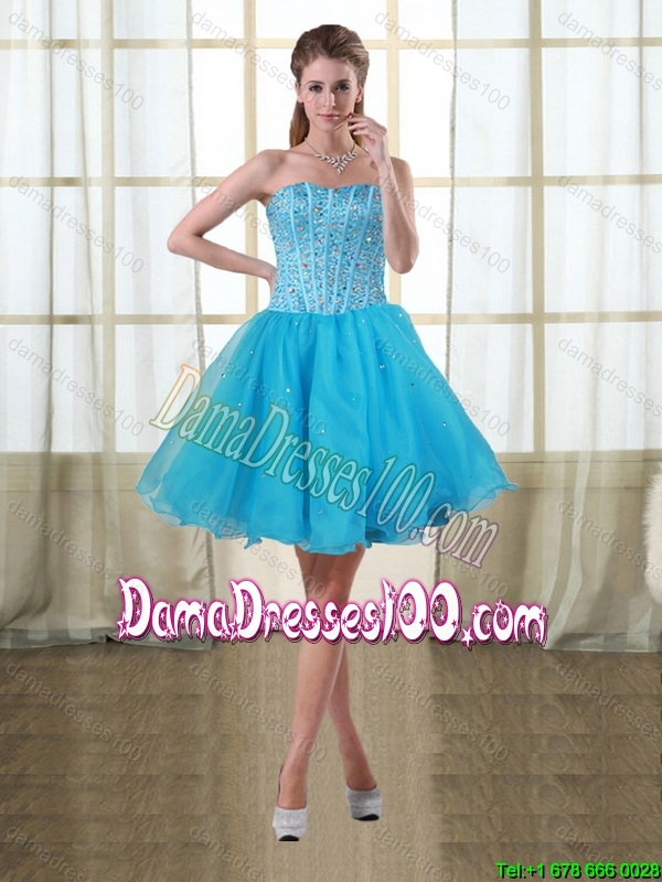 2015 Fashionable Sweetheart High Low Baby Blue Group Buying Dama Dresses with Beading