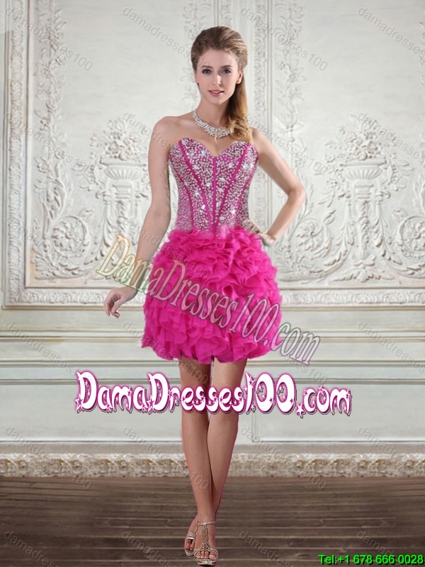 2015 Hot Pink High Low Sweetheart Group Buying Dama Dresses with Beading and Ruffled Layer