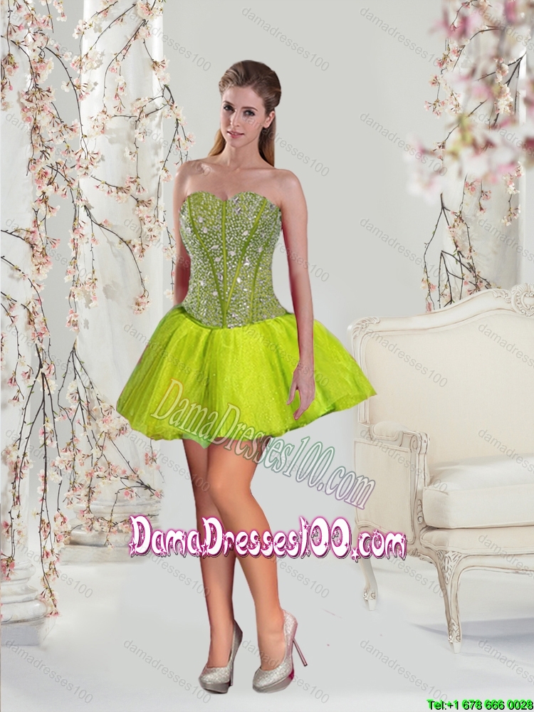 2015 Inexpensive Yellow Green Group Buying Dama Dresses with Beading