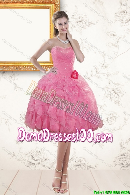 2015 Rose Pink Sweetheart Group Buying Dama Dresses with Beading and Ruffles