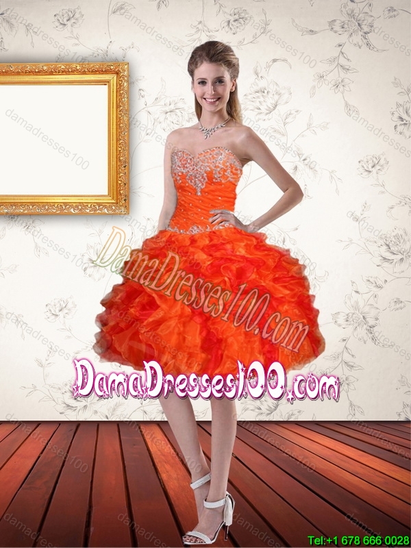 High Low Sweetheart Orange Group Buying Dama Dresses with Ruffles and Beading