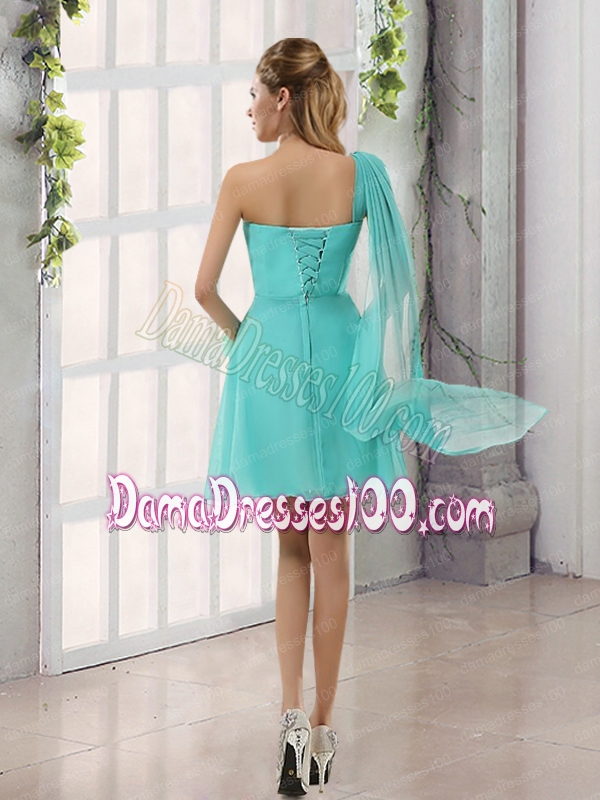 One Shoulder A Line Beading and Ruching Dama Dress with Lace Up