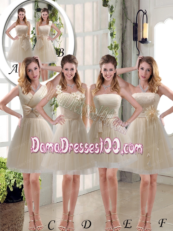 2015 Princess One Shoulder Bowknot Lace Dama Dresses in Champagne