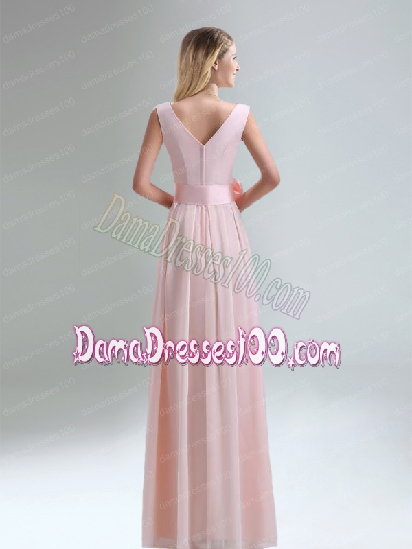 Fashionable Belt Ruching Chiffon Dama Dress with Bowknot