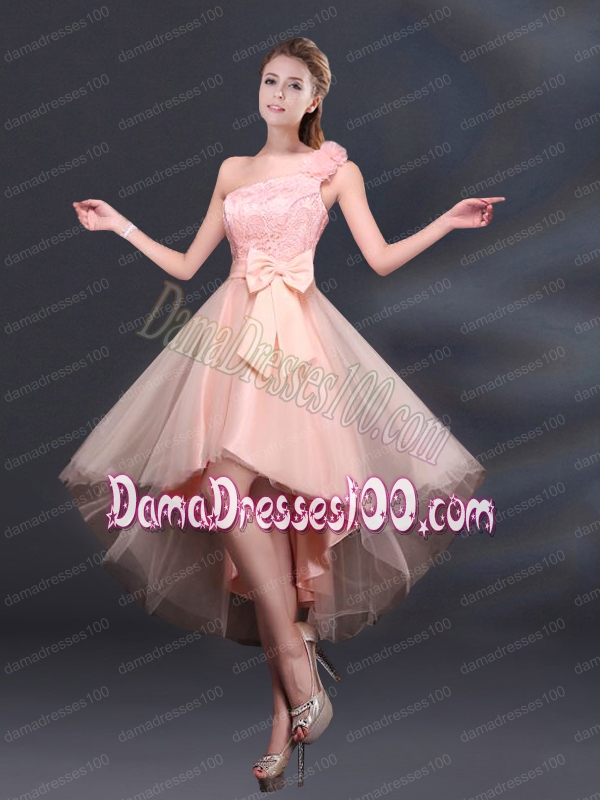 2015 Bowknot High Low Lace Up Dama Dress with One Shoulder