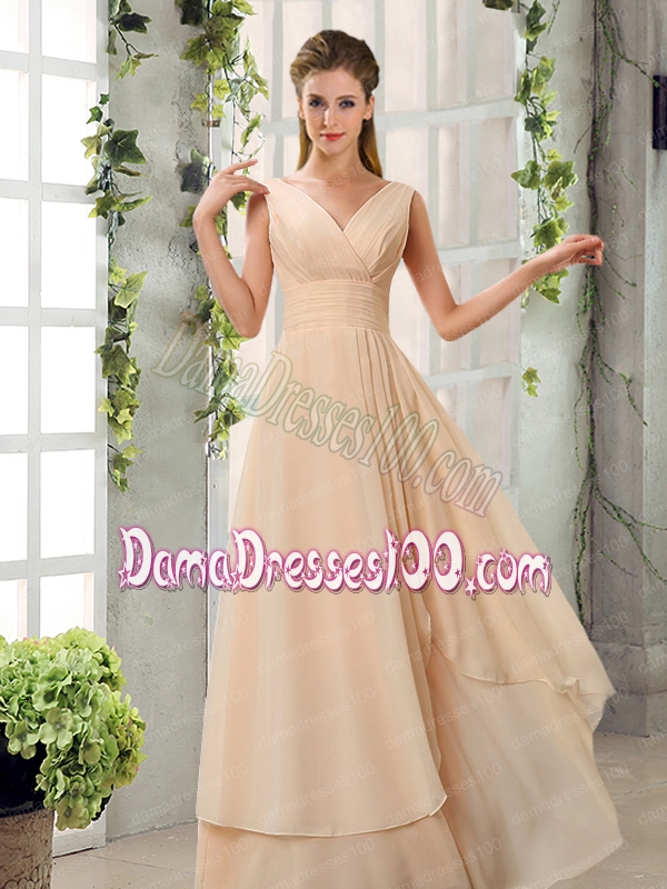 2015 Fashionable Champagne Ruching Chiffon Dama Dresses