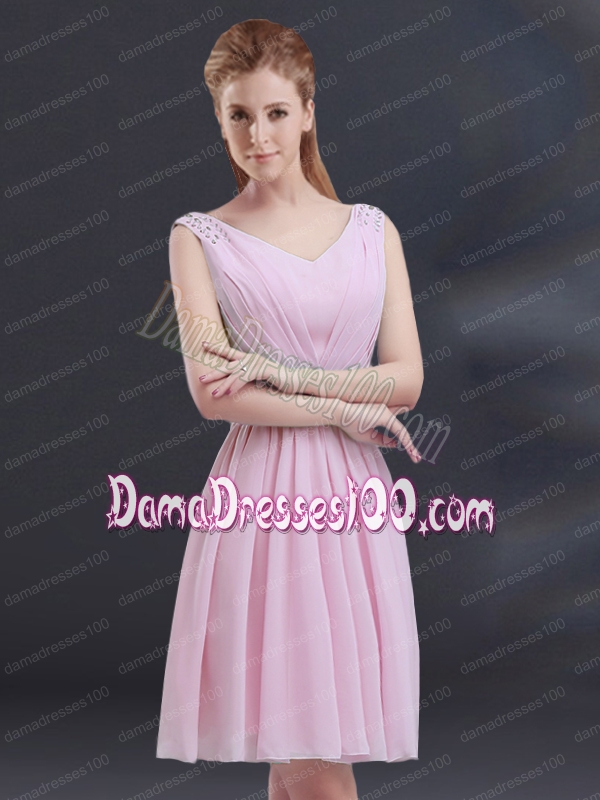 V Neck Beading 2015 Dama Dress with Ruching