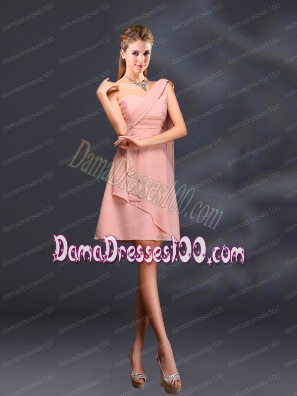 2015 One Shoulder Ruching Chiffon Dama Dresses in Peach