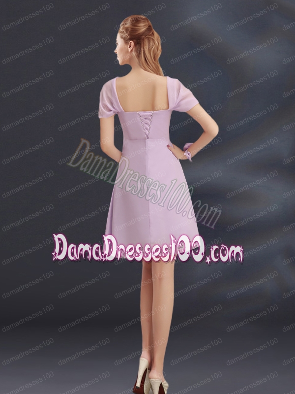 A Line Square Ruhing Dama Dress with Cap Sleeves