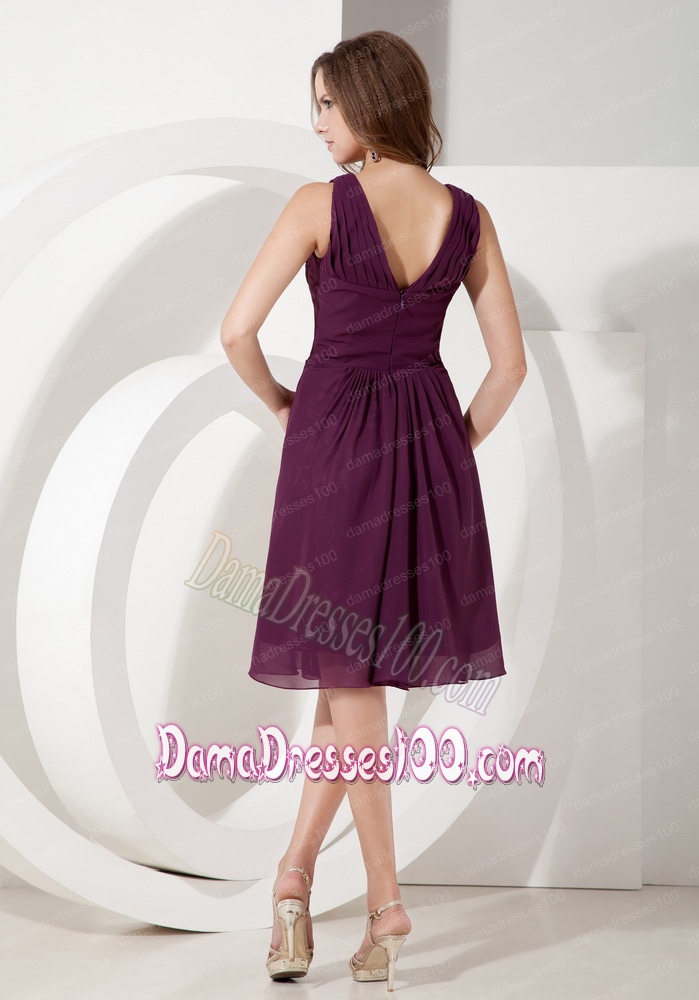 Dama Dress Of Knee-length Dark Purple V-neck Ruching
