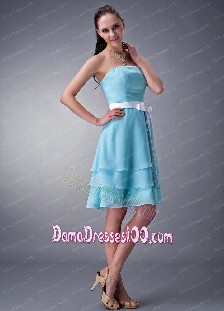 Strapless Aqua Blue Dama Dress Cupcake Skirt White Sash