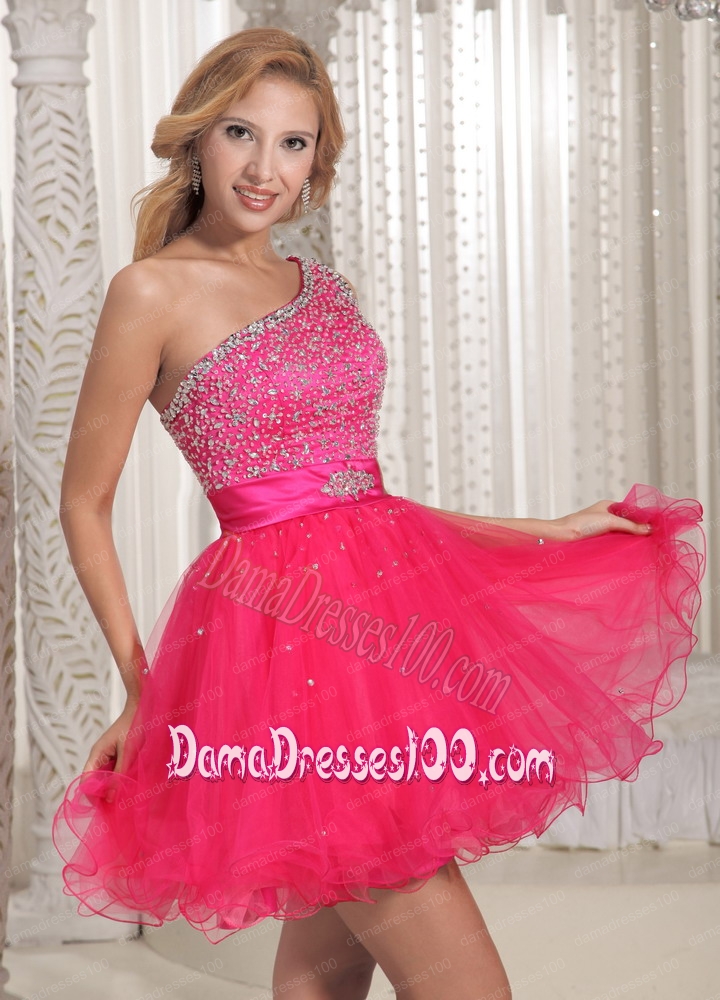 One Shoulder Hot pink Beading Dama Dress