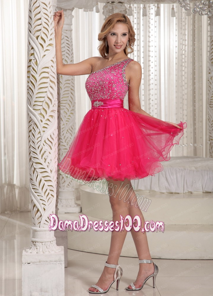 One Shoulder Hot pink Beading Dama Dress