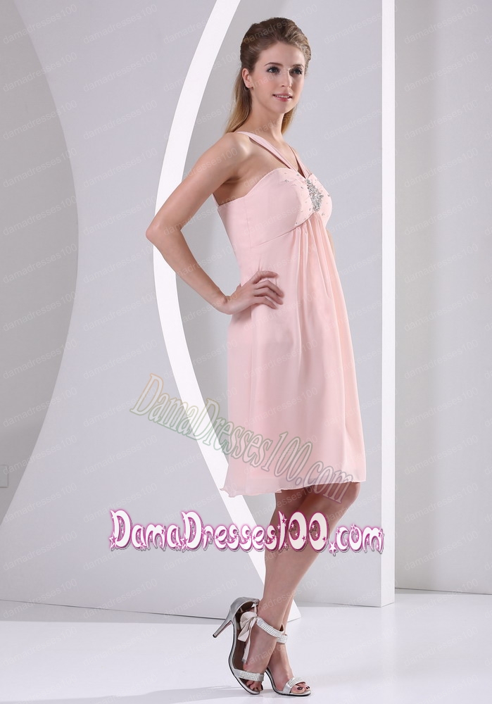 Baby Pink V-neck Front Straps Back Short Dama Dress