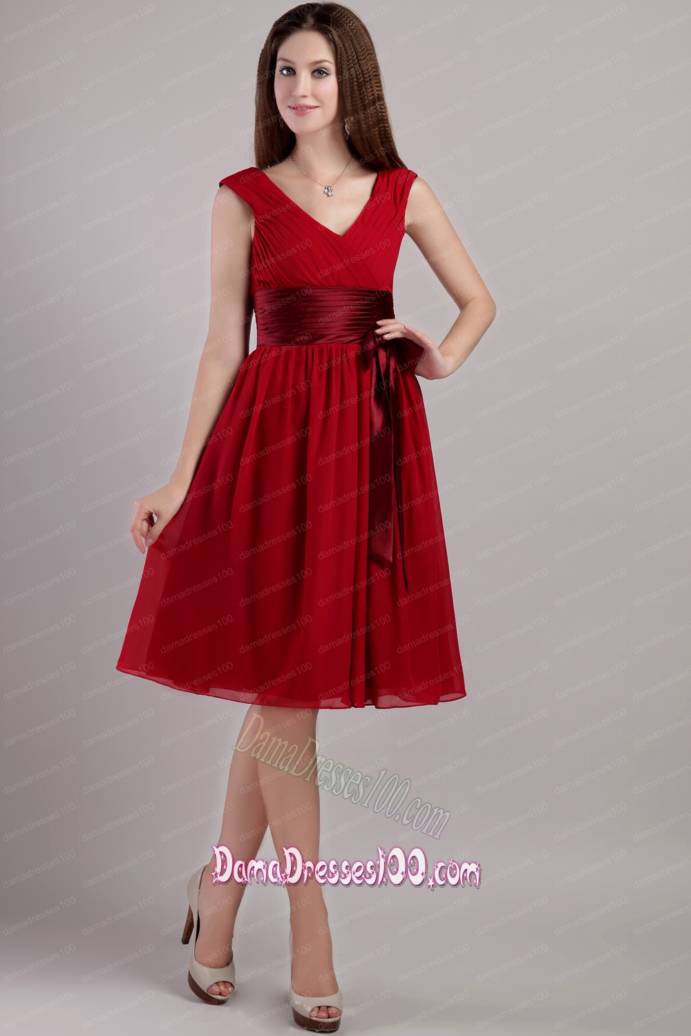 V Neck Knee-length Sash Wine Red Dama Dress