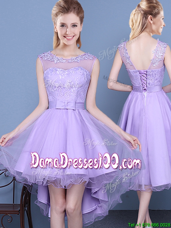 2017 Lovely See Through Scoop High Low Laced and Bowknot Dama Dress in Lavender