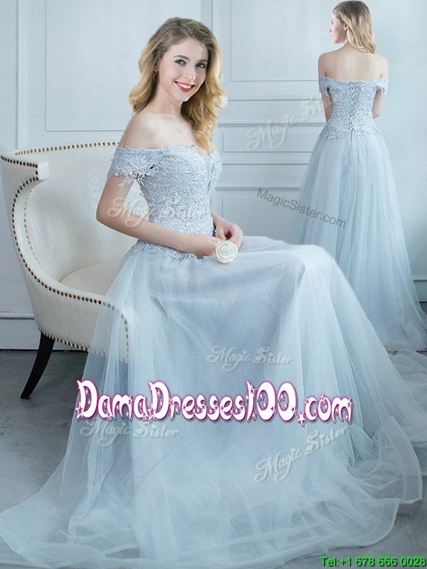Exclusive Laced Bodice Off the Shoulder Light Blue Long Dama Dress in Tulle