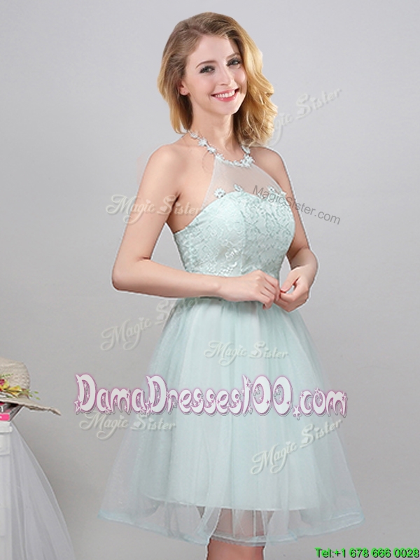 Romantic Applique Decorated Halter Top Laced Short Dama Dress in Apple Green