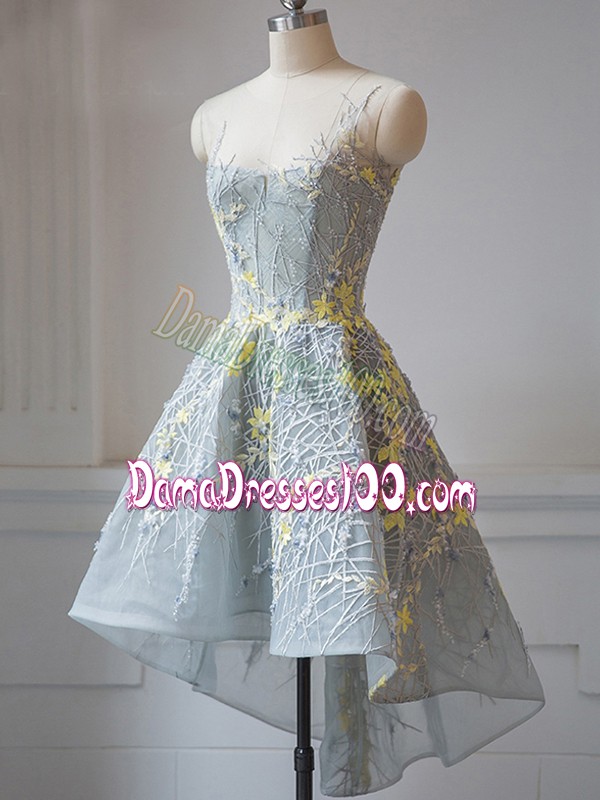 Designer Grey Tulle Criss Cross Quinceanera Court Dresses Sleeveless High Low Lace