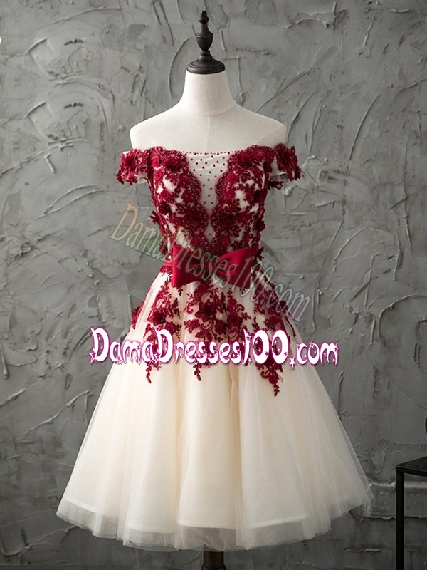  Champagne Sleeveless Appliques and Bowknot Knee Length Dama Dress