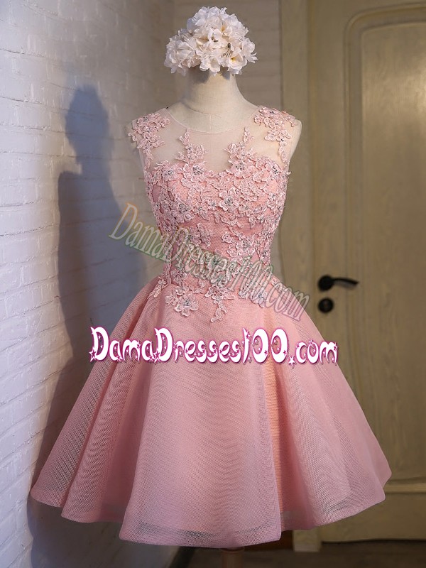 Sexy Pink Lace Up Scoop Lace Damas Dress Organza Sleeveless