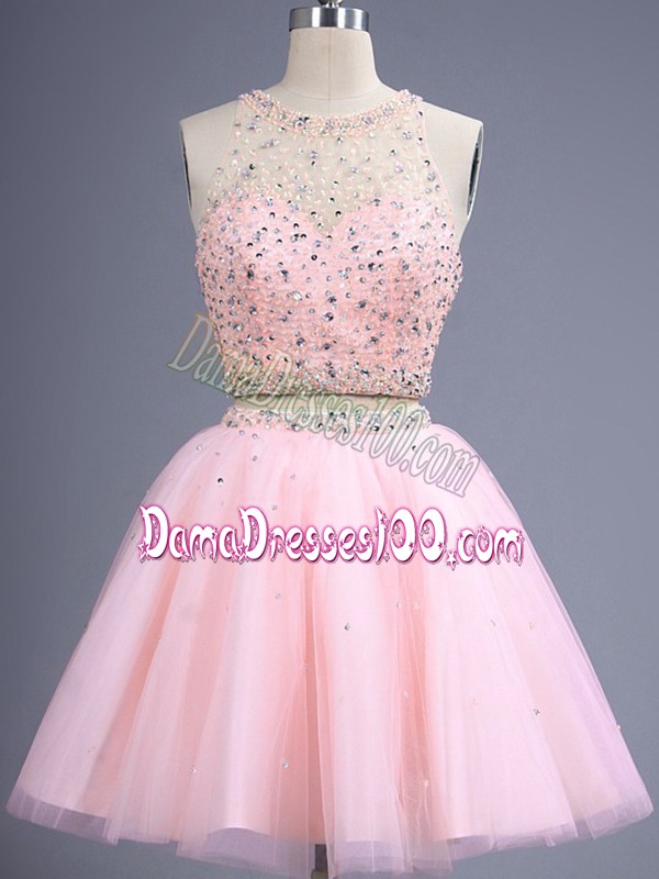 High Quality Baby Pink Lace Up Dama Dress for Quinceanera Beading Sleeveless Knee Length