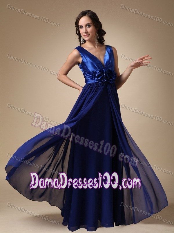Royal Blue Empire V-neck Dama Dress For Quinceaneras in Autumn