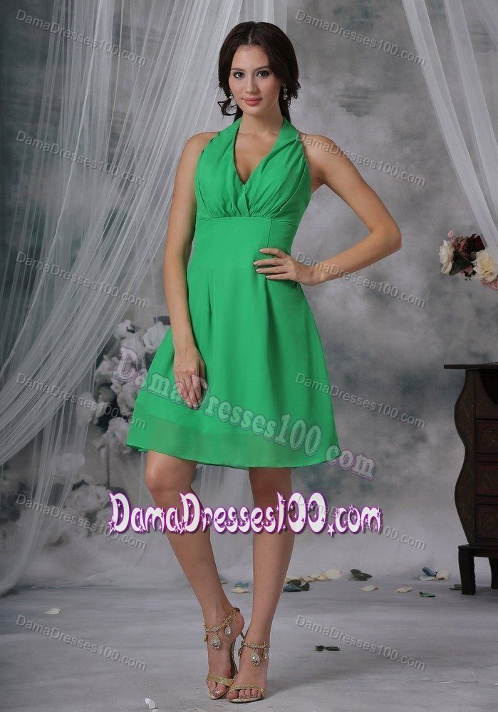 Spring Green Halter Knee-length Damas Dresses with Cool Back