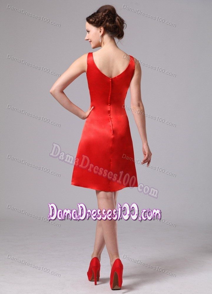 Zipper up Ruche V-neck Knee-length Dama Dresses in Red 2014