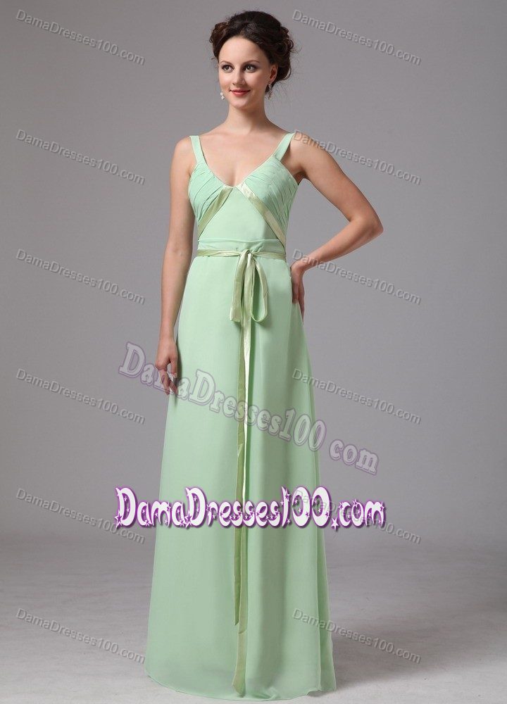 Apple Green V-neck Straps Prom Dresses For Dama with Cool Back