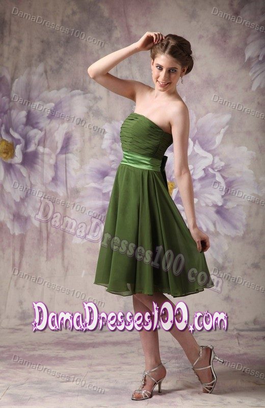 Strapless Olive Green Knee-length 15 Dresses For Damas with Bowknot