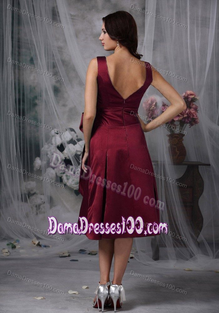 V-neck Satin Bow Wine Red Tea-length Dama Dress with Butterfly Bow