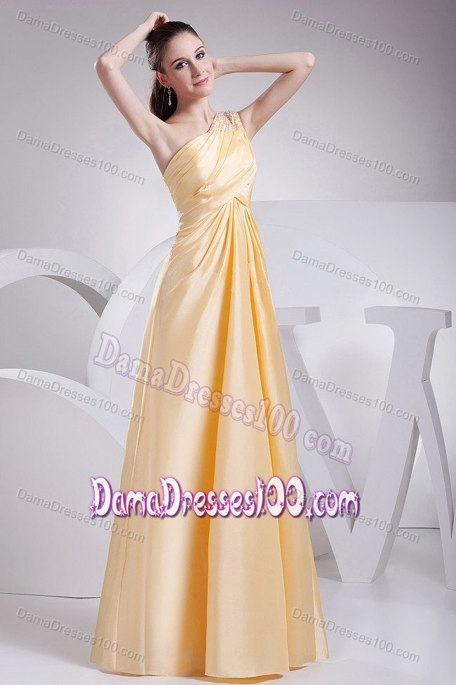 Yellow One Shoulder A-line Beading and Ruching Dama Dress
