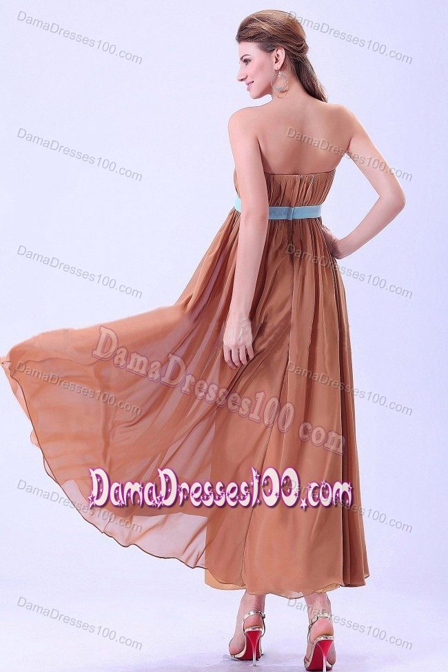 Ruching Rust Red Chiffon Ankle-length Dress For Dama With Blue Belt