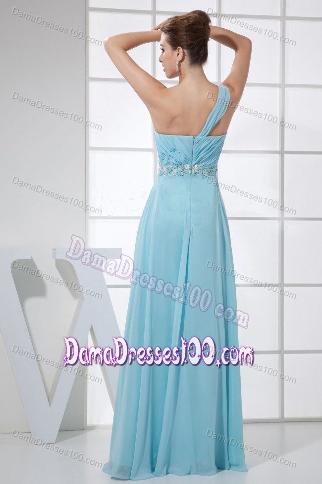 Light Blue One Shoulder Bridesmaid Dama Dresses with Ruching